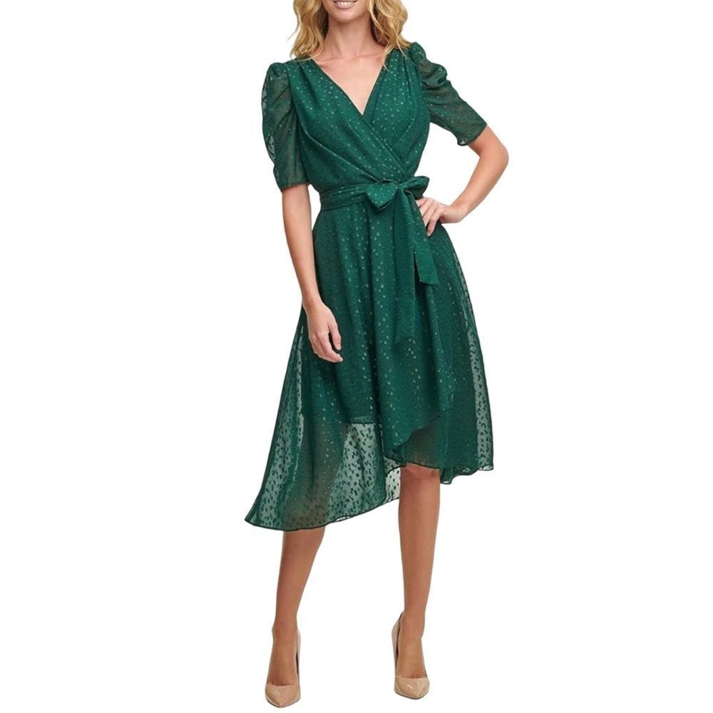 Tommy Hilfiger Emerald Green Faux Wrap Midi Dress Puff Sleeve Glitter Dot - Picture 6 of 16